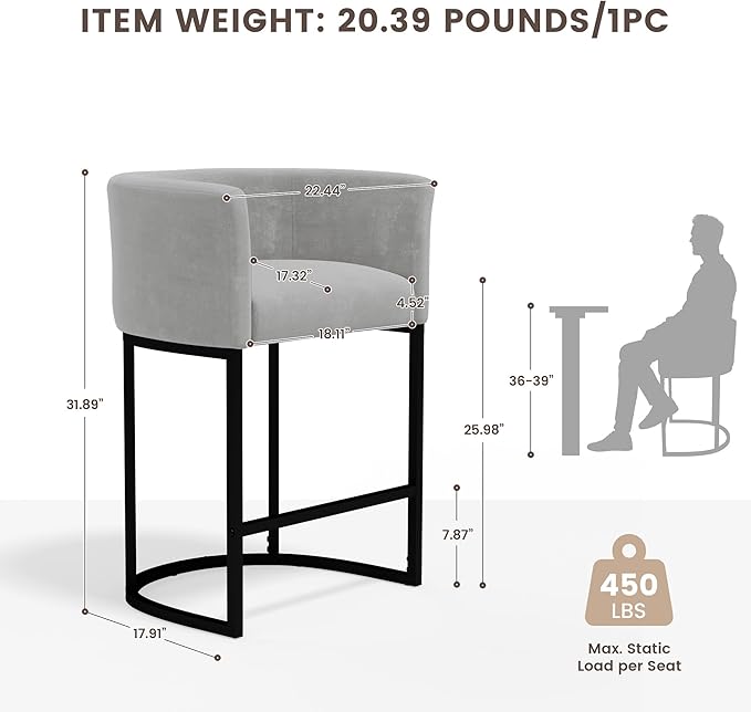 GRUSIGN Chenille Counter Height Bar Stools Set of 2, 26" Kitchen Island Stools with Arms & Footrest, Upholstered Barrel Back Bar Chairs for Kitchen, Dining Room, Bar & Lounge Area, 450 lbs, Grey