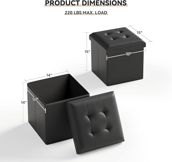 Storage Ottoman Bench, 15 Inch Ottoman Foot Rest, End of Bed Bench, Storage Chest for Living Room, Bedroom, Entryway, Black