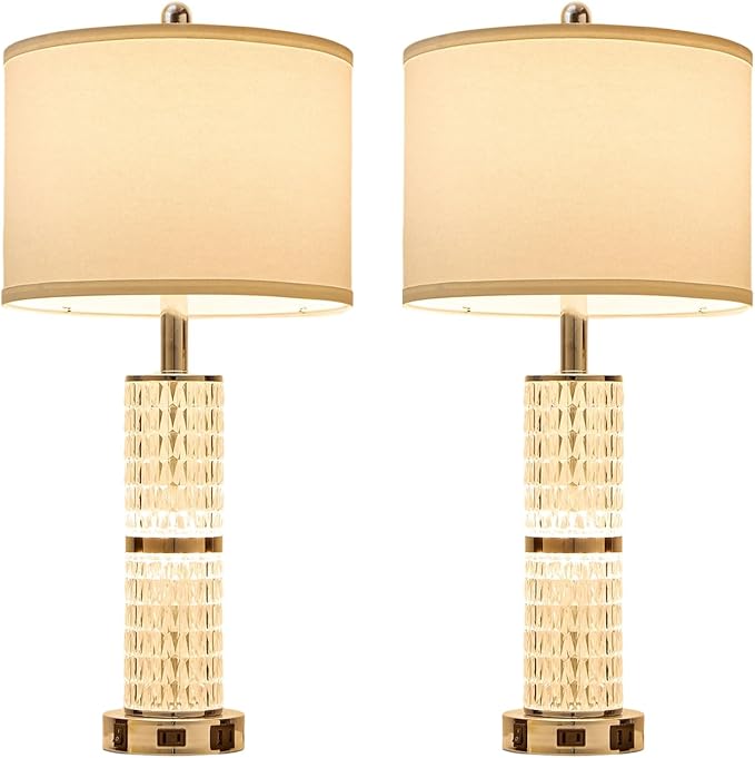 SAIWEYA Crystal Table Lamps Modern 3-Way Dimmable Bedside Lamp with 2 USB Ports & AC Outlets for Living Room Bedroom Nightstand Lamp Night Light