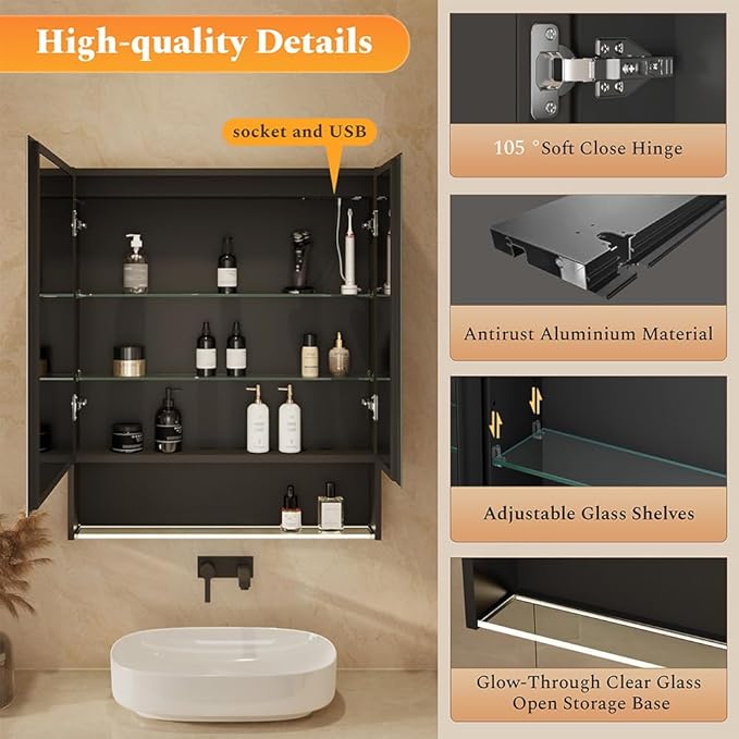 30"×34" Lighted Medicine Mirror Cabinet with Storage Adjustable Brightness 3 Color Temperature Lighting Anti-Fog Sturdy Aluminum Medicine Cabinet with Lights 2 Socket & 2 USB Ports & Adjustable Shelf