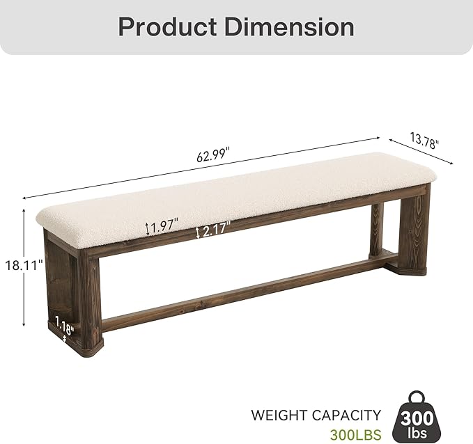 LITTLE TREE 63" Upholstered Bench, Solid Wood Entryway Shoe Bench with Cushion, Long Modern Farmhouse End of Bed Bench with Antique Brown Legs & Faux Lamb Fur Seat for Bedroom 2 PCS