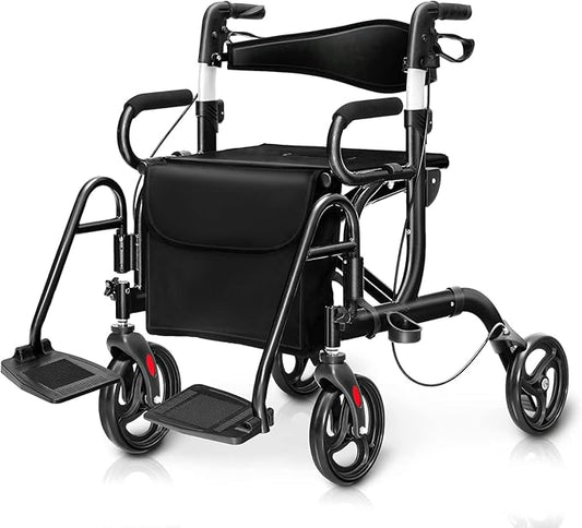 Goplus 2 in 1 Rollator Walker for Seniors, Medical Walker with Seat, Folding Transport Wheelchair Rollator with 8" Wheels, Reversible Backrest, Footrests, Aluminum Mobility Walking Aid (Black)