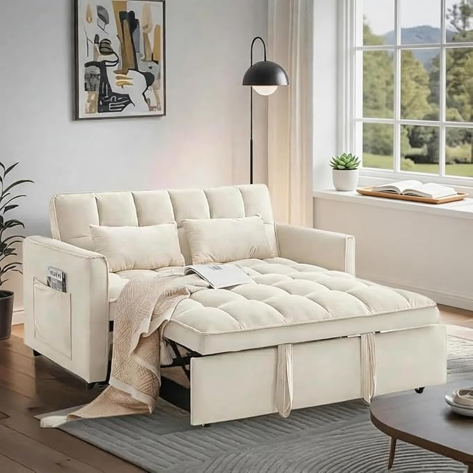 Convertible Sofa Bed, Pull Out Couch with Side Pockets, 3 in 1 Velvet Fabric Loveseat Sleeper Sofa Bed, Pull Out Couch with Adjustable Backrest for Living Room, Bedroom, Apartment, White