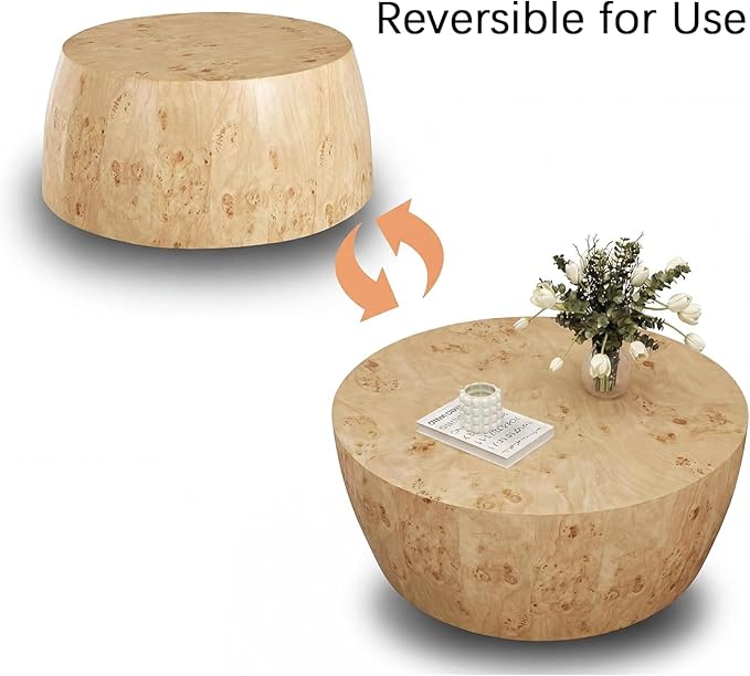 YYQ Upgraded 34.6" Round Coffee Table for Living Room, Burl Faux Marble Pattern Coffee Table, Reversible Drum Coffee Table, Tea Table Wooden Table for Home Office, No Assembly Required