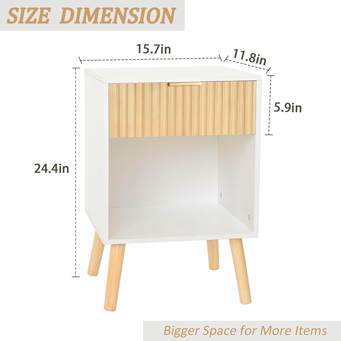 Fultyle Nightstand, Modern Bedside Table with Drawer and Open Shelf, Fluted Night Stand with Solid Wood Legs for Bedroom, Living Room, Office (White Oak)