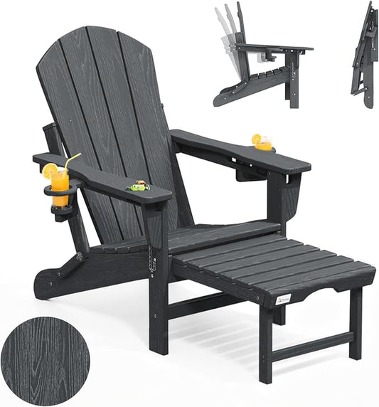 Mdeam 3-Level Adjustable Adirondack Chair with Retractable Ottoman, HDPE All-Weather Folding Fire Pit Chair with 2 Cup Holders, Outdoor Chair for Deck Patio Garden Backyard Lawn (Grey)