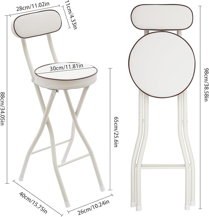 2 PCS Folding Stool with Back 38.5 inch Tall Foldable Stool with Cushioned Padded Folding Bar Stools Metal Portable Chair Stools for Outdoor Indoor Kitchen Shop Cafe Garden Camping (White)