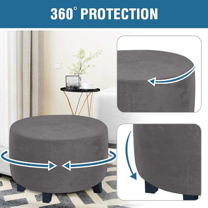 H.VERSAILTEX Round Ottoman Slipcover Ottoman Covers Slipcover Footstool Protector Covers Storage Stool Ottoman Covers Stretch with Elastic Bottom, Feature Real Velvet Plush Fabric (Medium, Gray)