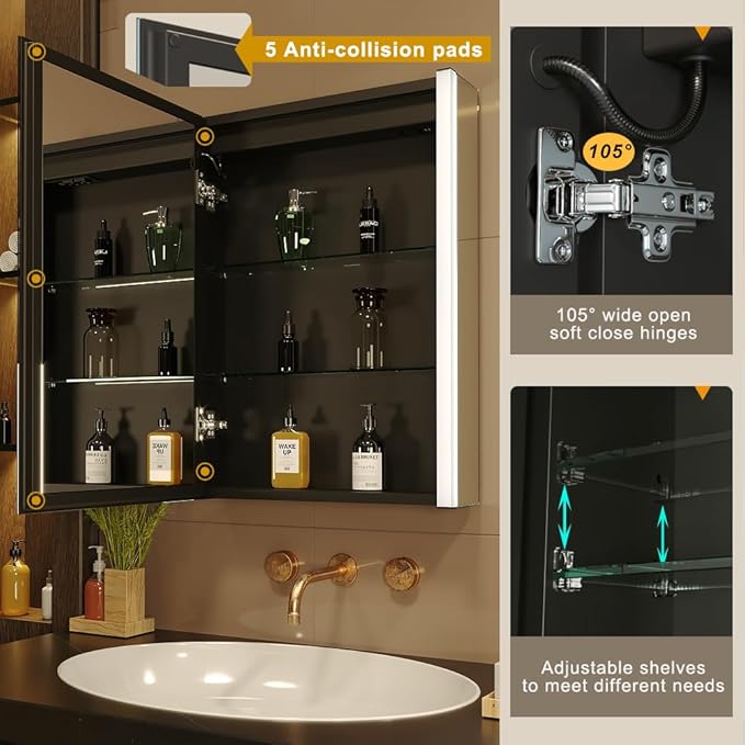 KWW LED Lighted Bathroom Medicine Cabinet with Sockets & USBs, Defogger, Dimmable, 3 Color Light Makeup Mirror, Easy to Install, Wall Mounted Cabinet (Left hinge-21 * 28)