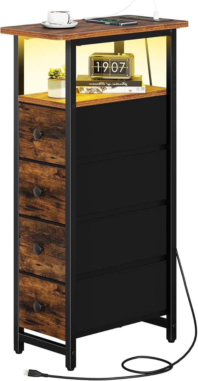 Yoobure LED Narrow Nightstand with Charging Station - Slim Dresser for Bedroom Narrow Side Table Storage Cabinet, Small Dressers Chest of Drawers, Tall Skinny Night Stand End Table for Small Spaces