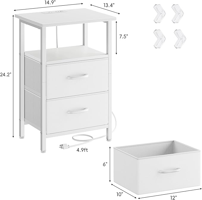 Vagusicc White Night Stand with Charger Station, LED Nightstand with 2 Fabric Drawers, Bedside Table with USB Ports and Outlets, Bed Side Tables with Storage Shelf, 24.2" Tall Nightstand for Bedroom