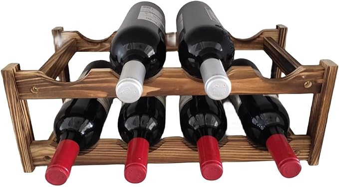8 Bottle Wooden Wine Rack, 2 Tier Countertop Wine Storage Rack, Carbonized Pine Wood Freestanding Wine Organizer Holder for Kitchen Counter, Bar, Cabinet, Dining Room