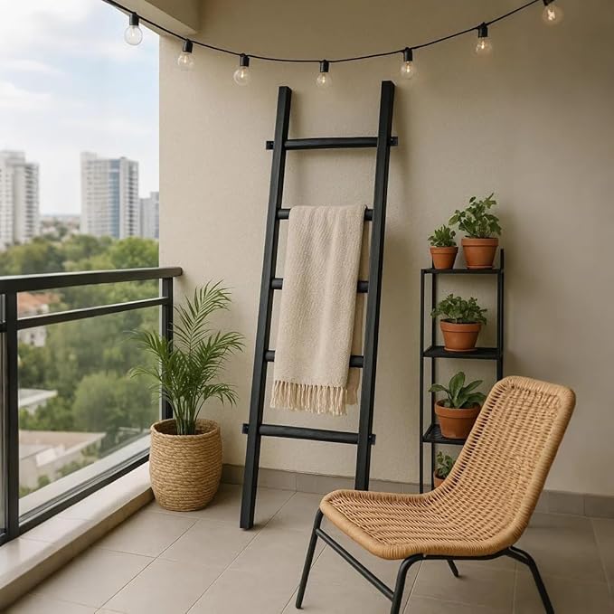 Wooden Blanket Ladder - Natural & Motley Wood - Leaning Wall Decor for Bedroom, Bathroom, Living Room - Rustic Quilt Holder & Towel Rack (Black Wood Color, 57in（5-Tier）)