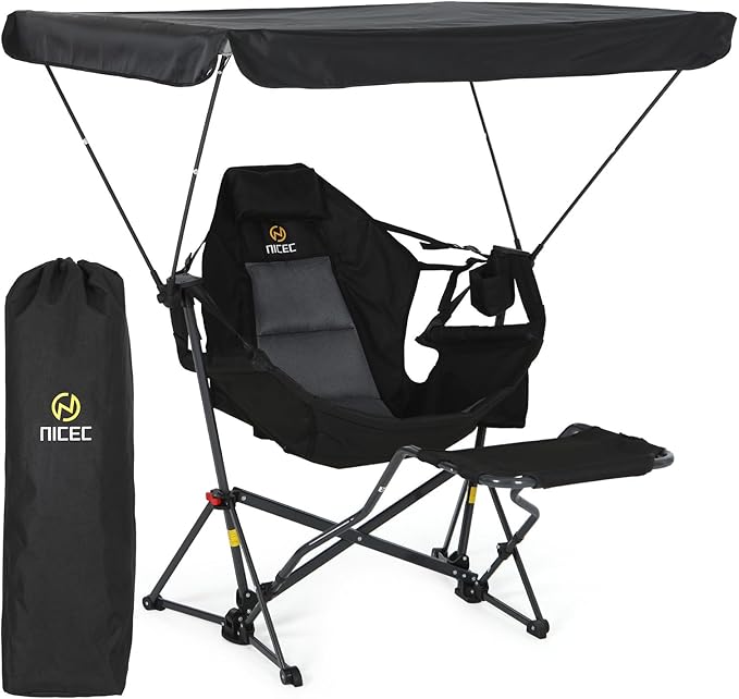 Nice C Hammock Chair with Canopy & Footrest, Portable Swinging Camping Chair with Shade, Folding Rocking Umbrella Chair, Detachable Footrest, Cup Holder, Carry Bag for Camping, Beach (1 Pack)