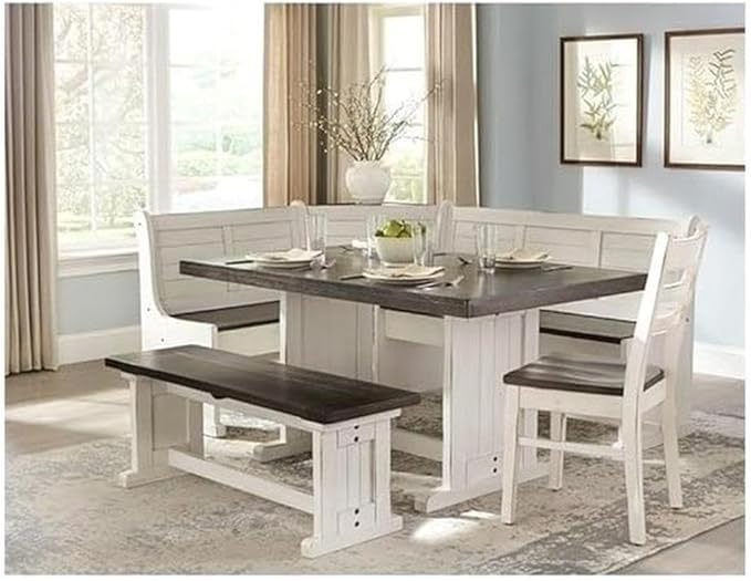 Pemberly Row 4-Piece Farmhouse Wood Breakfast Nook Set with Hidden Storage, Reversible Seating, Great for Small Spaces, in White & Brown Finish
