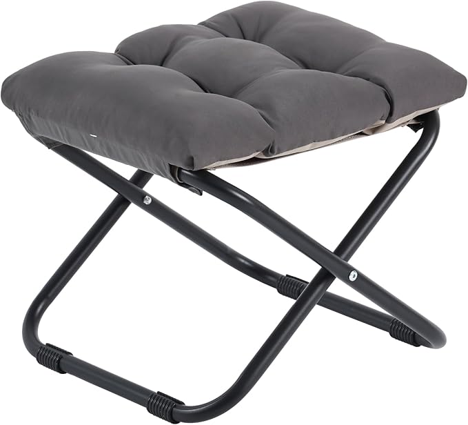 Welnow Folding Foot Stool, Upholstered Small Accent Ottoman with Detachable Thick Cotton Cushion, Padded Sofa Stool with Straight Metal Legs for Lazy Chair, Living Room, Bedroom, Dark Grey