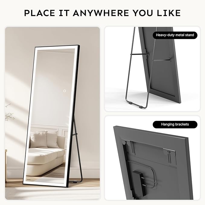 Kosmonia 67x20 Full Length Mirror, Dimmable 3 Color LED Light w/Light Memory, Distortion Free Silver Coating Mirror, HD Reflection &Anti Desilvering,Tempered Glass, Easy Setup w/Stand, Wall/Standing