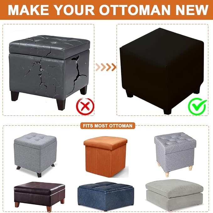 Waterproof Ottoman Cover Square Stretch PU Soft Folding Storage Ottoman Cover with Elastic Bottom Cube Footrest Foot Stool Slipcovers Machine Washable(Small/Black)
