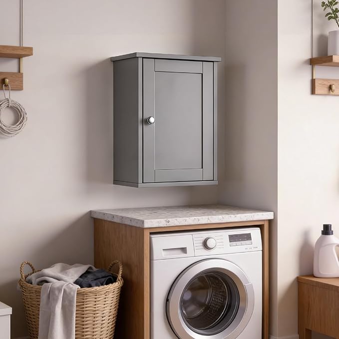 VINGLI Bathroom Wall Cabinet, Gray Medicine Cabinet with Single Door, Small Over Toilet Storage Organizer with Adjustable Shelf, Hanging Kitchen Cupboard for Laundry Room, 13.7x7.5x19.7 Inch