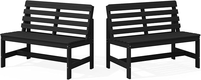 SERWALL Outdoor Bench, All Weather HDPE Outdoor Benches, 2-Person Armless Porch Bench with 600 lbs Weight Capacity, Patio Benches for Outdoors, Porch, Park and Dining, Black, 2 Pack