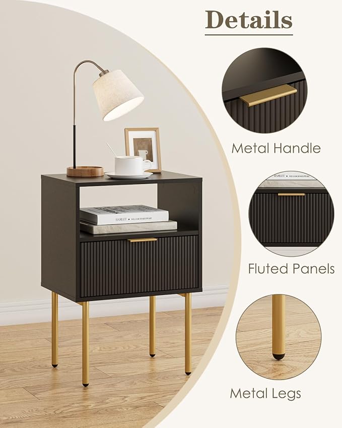 Aienvey Night Stand, Modern Nightstand with Drawers, Bedside Table, Gold Small Side Table for Bedroom, Living Room End Table (Black Stripe, 1 Drawer)