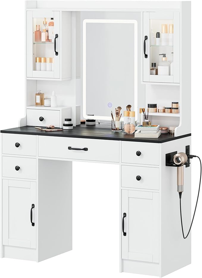 KAMABOKO Vanity Desk with LED Lights Mirror & Power Outlet, Makeup Vanity Table Set with 3 Lights Modes, Dressing Table for Women and Girls Bedroom (Modern Black, 5 Drawers with RGB Cabinet)