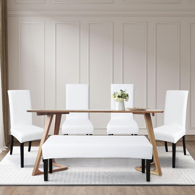 FORCHEER Dining Chair Covers and Bench Covers Set Waterproof White Jacquard 4 Dining Room Chair and Bench Slipcover Washable