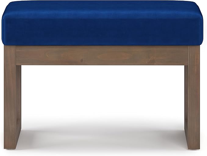 SIMPLIHOME Milltown Small Ottoman Bench - 27" Wide x 18" High Upholstered Velvet Fabric Rectangle Footstool Ottoman in Blue, Contemporary Bench for Bedroom with Cushioned Seat, Assembled