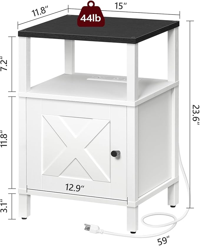 MAHANCRIS Set of 2 Farmhouse Nightstand with Charging Station, White Night Stand End Table with USB Ports, Bedside Table with Storage Cabinet, Modern Side Table for Bedroom, Black ETBW96E01S2