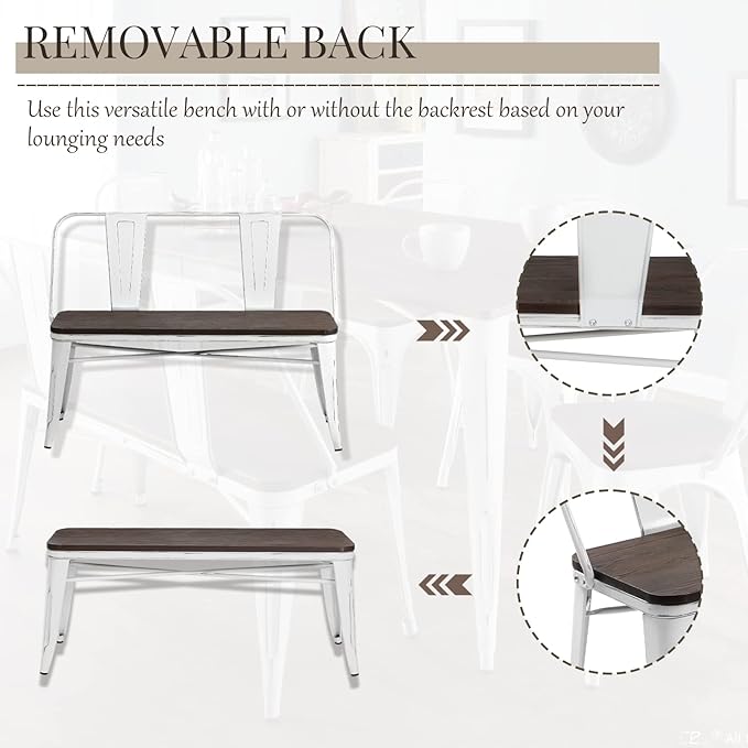 YOLENY Dining Bench, Entryway Bench with Back, Farmhouse Metal Dining Bench, Industrial Mid-Century 3 Person Rustic Spindle Bench, with Wood Seat, Removable Backrest, 42in, White