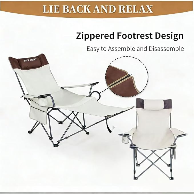 2 Pack Adjustable Folding Camping Chairs with Detachable Footrest and Headrest, Lightweight and Portable, Ideal for Hiking, Travel, Fishing and Outdoor Activities (Beige)