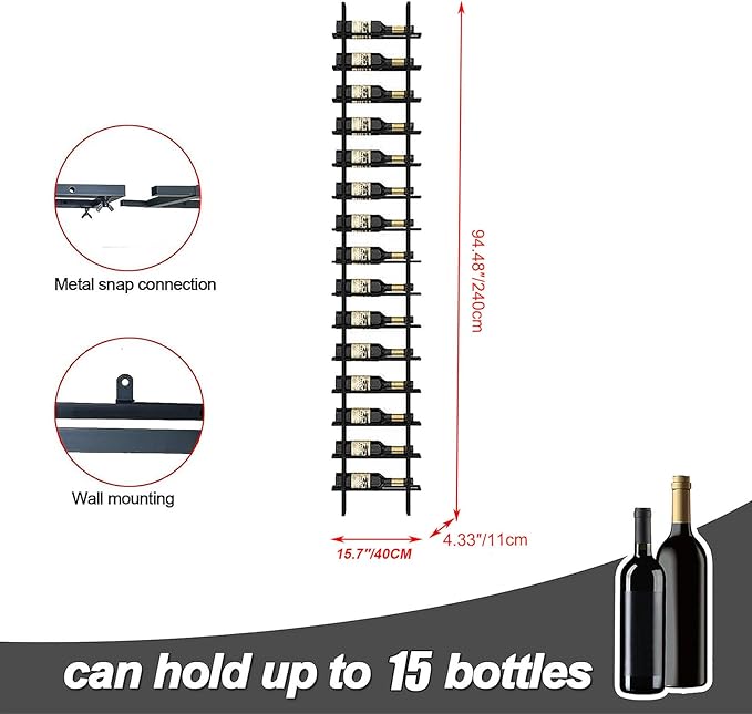 Large Wall Mount Wine Rack, 16 Tier 16 Bottle Wine Storage Organizer Display Holder, Modern Metal Wine Storage for Wine Cellars, Home Bars, Kitchens, and Dining Rooms