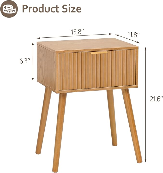 AWASEN Fluted Nightstand, Small Bedside Table with Storage Drawer, Accent End Table Living Room for Bedroom and Small Space, Brown