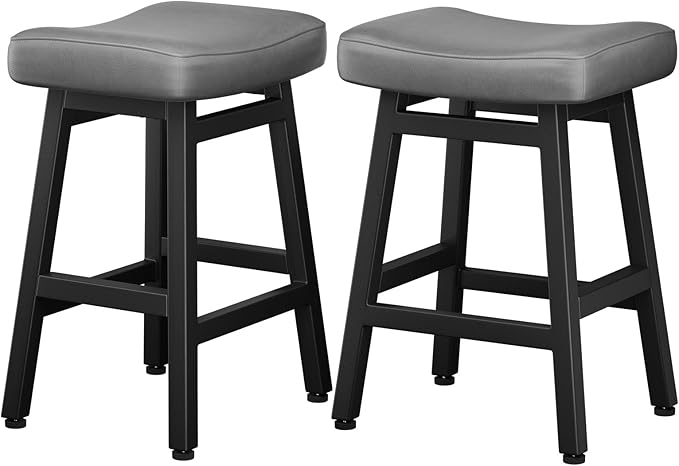 Raynesys Counter Height Bar Stools Set of 2, 24 Inch Barstools for Kitchen Counter, Kitchen Stools with Bonded Leather Saddle Seats & Heavy Duty Metal Legs, Easy Assembly, Gray/Black
