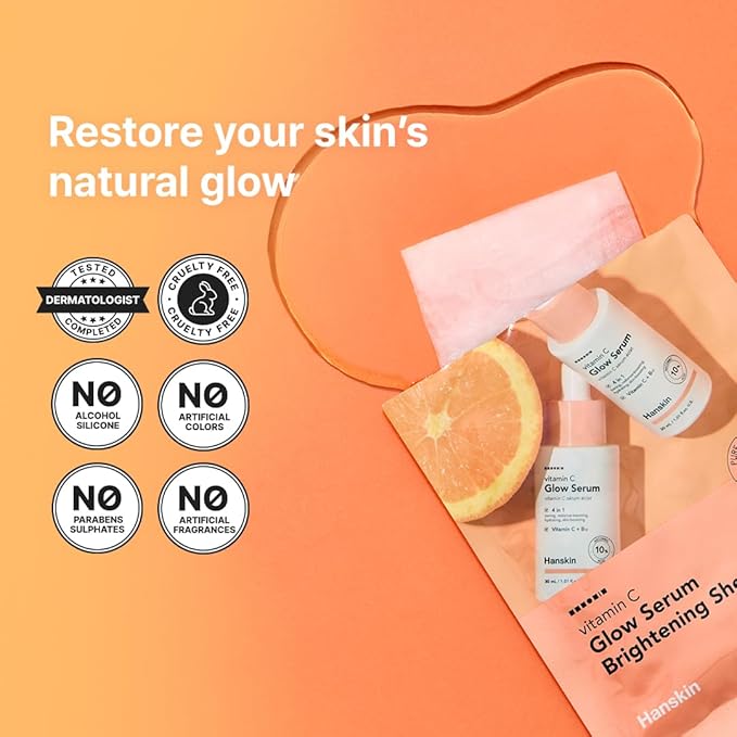 Hanskin Vitamin C Glow Sheet Mask – Korean Brightening & Hydrating Face Mask with Vitamin C + Niacinamide for Radiant, Even-Toned Skin | Glowing, Revitalizing Serum Mask | 10EA