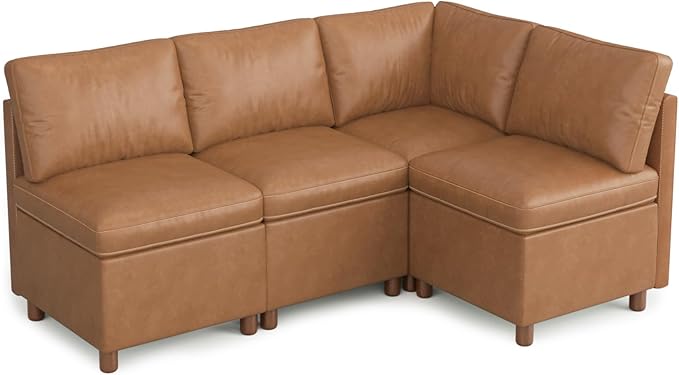 SITJOY Breakfast Nook Bench with Storage, Modular Corner Kitchen Banquette Seating, Dining Settee Couch, Upholstered Dining Bench with Back, Pet-Friendly Faux Leather in Brown, 4-Seat L Shaped Nook