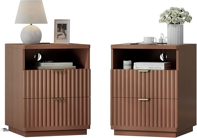 Nightstand with Charging Station, Night Stand with Open Shelf and 2 Drawers for Bedroom, Side Table Bedside Table with USB Ports & Outlets, Small Nightstand End Table (Walmut)