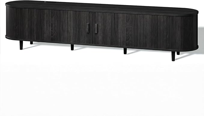 80" Mid Century Modern TV Stand, Wood TV Consoles with Sliding Doors and Power Outlet, Fluted Entertainment Center with Adjustable Shelves, Media Console for Living Room, Black