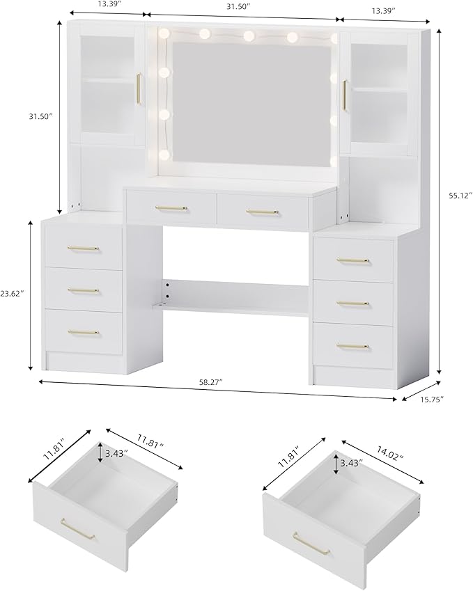 TOKSOM 58.3”Vanity Desk with Mirror and Charging Station, Bedroom Dressing Table, Large Vanity Set, 8 Drawers and 2 Cabinets, Makeup Vanity Table with Charging Station, Without Lights