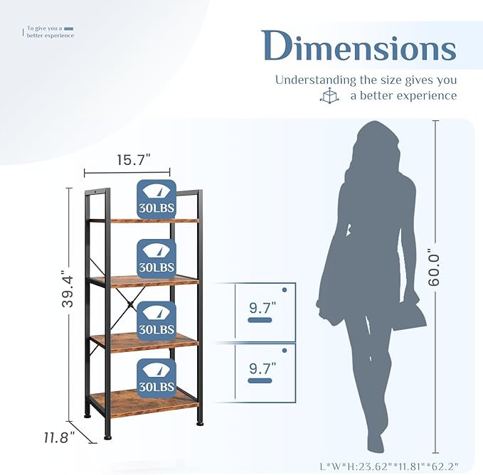 DUMOS 4-Tier Bookshelf, Modern Tall Bookcase, Open Storage Display Shelf for Living Room, Bedroom, Home Office, Narrow Standing Shelving Unit for Books, CDs, Décor，Brown