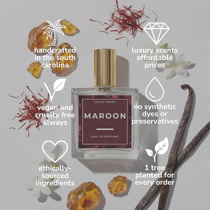 Lucid Coast Maroon Perfume – Ambery Saffron & Jasmine – Inspired by Baccarat Rouge 540 – Long Lasting Extrait Strength Fragrance – Notes of Cedarwood & Ambergris – Clean, Vegan & Cruelty Free