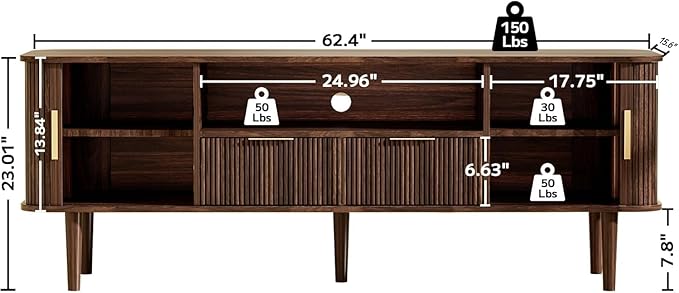Mid Century TV Stand for TVs Up to 70 Inch, Fluted Media Console with Tambour Sliding Door, Solid Wood Entertainment Center with Storage for Living Room Bedroom Office(Walnut)