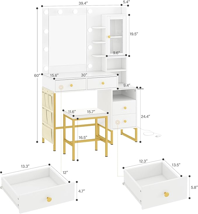 KAMABOKO White Modern Vanity Desk with Mirror & Lights, Makeup Vanity Table with 4 Drawers, 1 Glass Cabinet, 3 Lighting Color Adjustable, Girls Dressing with Stools for Bedroom