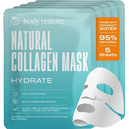 Body Restore Hydrate 韓国保湿フェイスマスク (5枚入り) – ヒアルロン酸、アロエ、パンテノール配合のディープモイスチャーシートマスク – 乾燥肌・敏感肌用フェイシャルマスク – K-Beauty グラススキン