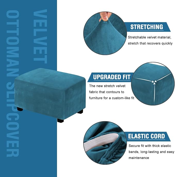 H.VERSAILTEX Real Velvet Plush 1 Piece Form Fit Stretch Rectangle Folding Storage Covers Ottoman Slipcovers Removable Footstool Protect Footrest Covers Elastic Bottom Washable(X-Large, Peacock Blue)