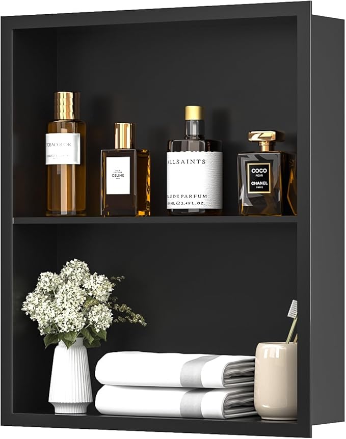 14x18 Recessed Medicine Cabinet, Bathroom Wall Cabinet, 304 Stainless Steel Recessed Wall Niche with 2-Tiers Shelves, Matte Black