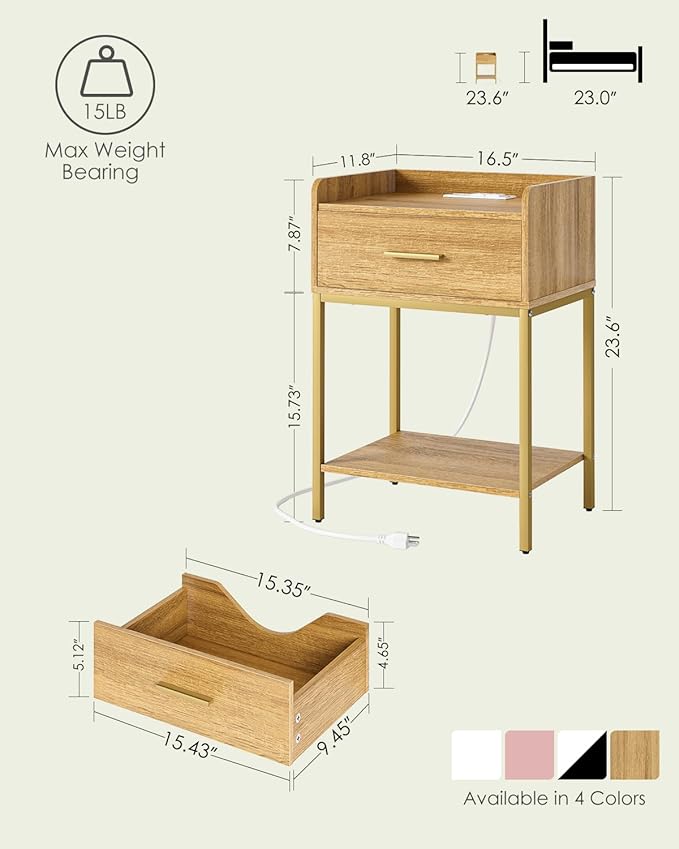 Nightstand with Charging Station, Modern Bedside Table with Drawer and Legs,Oak and Gold Night Stand with Open Shelf, Narrow Side Table for Bedroom, Living Room