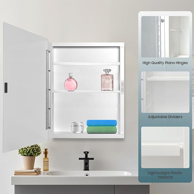 16x22 inch Plastic Medicine Cabinet with Mirror, Recessed Medicine Cabinet or Surface Wall Mount Bathroom Cabinets with Adjustable Shelves, Beveled Edge Mirror Cabinet