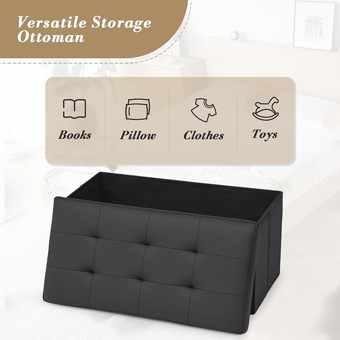 Athena Collection Leather Ottoman with Storage, 30 Inches Large Storage Ottoman Bench with 90L Storage, End of Bed Bench Foot Rest for Living Room, Bedroom, Entry, Black