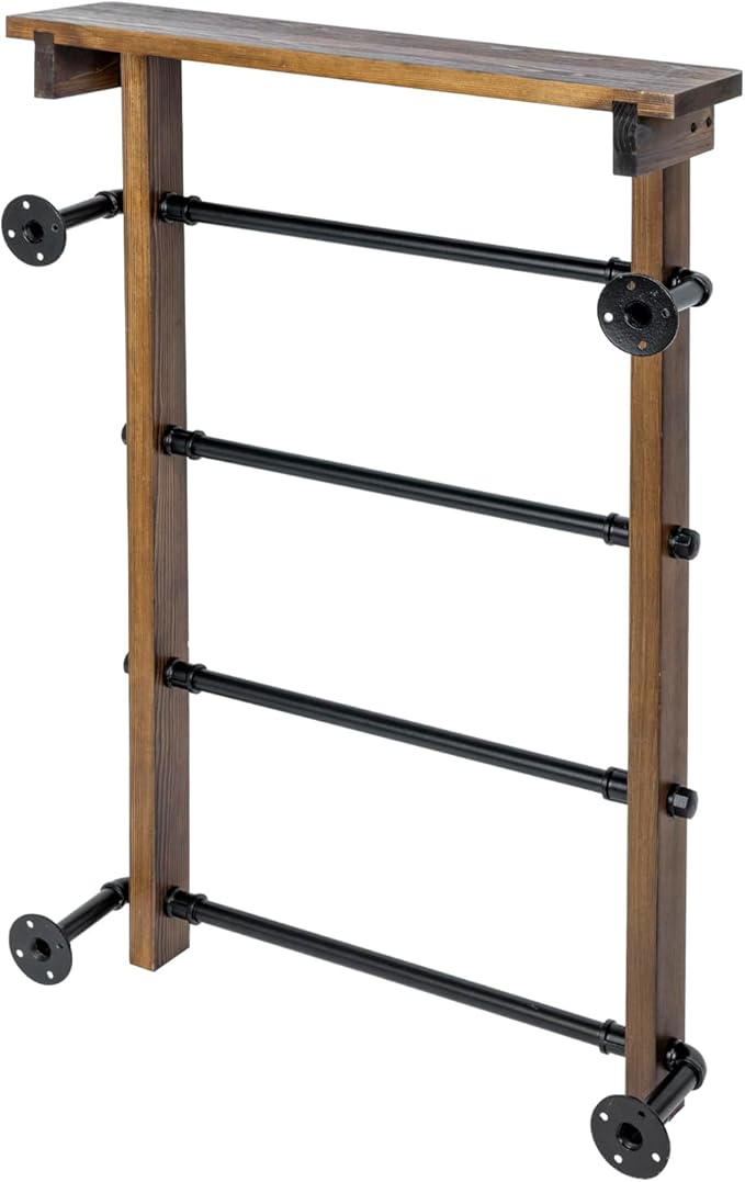 MyGift 4-Tier Wall Mounted Towel Rack Ladder with Top Storage Shelf, Rustic Burnt Solid Wood Hanging Towel Holder with 4 Black Industrial Metal Pipe Rungs Bar Design